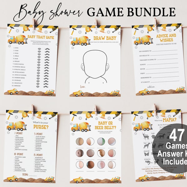 Construction baby shower game bundle Dump truck Baby Shower Game Set Digger Baby shower activity Editable Printable Boy Digital Bab84