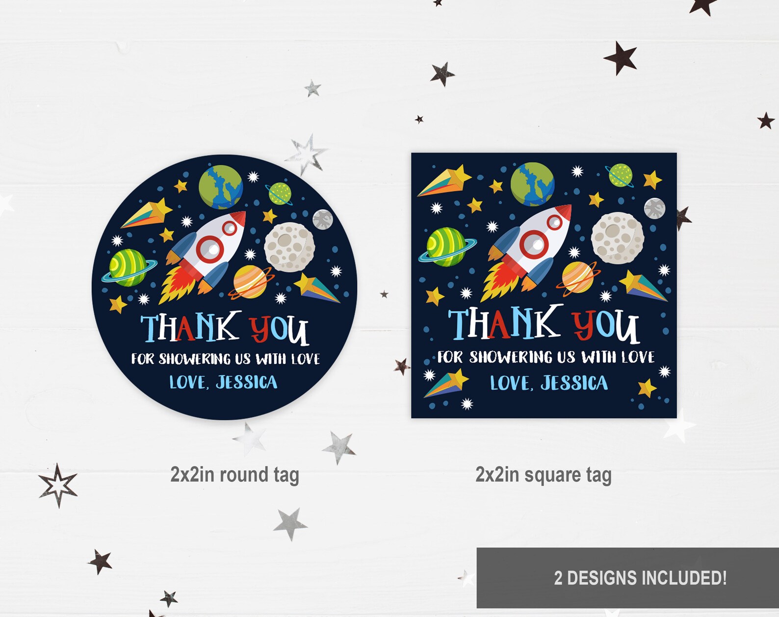 Outer Space Baby Shower Favor Tag Sticker Rocket Ship Astronaut