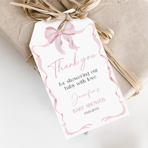 Étiquette de remerciement rose pour baby shower, ruban rose modifiable Étiquette de cadeau coquette rose blush, cadeau de naissance fille, décoration imprimable Bab334