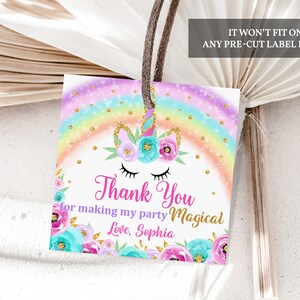 Einhorn-Geburtstag Danke Einhorn-Party-Quadratetikett Favor-Tag-Aufkleber Magische Geburtstags-Favor-Regenbogen Bearbeitbare Druckbare Download Rain1