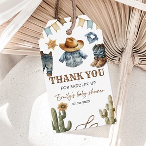 Kleiner Cowboy Danke Favor Tag Western Junge Babyparty druckbare Geschenkanhänger Wilder Westen Boho Baby Sprinkle bearbeitbare rustikale Cowboy Tag Bab241