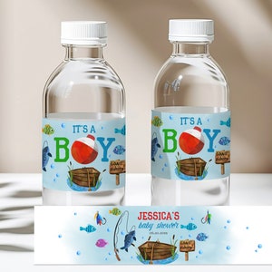 Etiqueta editable para botella de agua de baby shower de pesca Es un niño Recuerdo de fiesta de pescador rústico Envoltorio para botella de agua Decoración de fiesta Imprimible Bab110