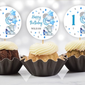 Blue Elephant Birthday cupcake topper  Boy 1st Birthday cake topper  EDITABLE, Download  Bir38
