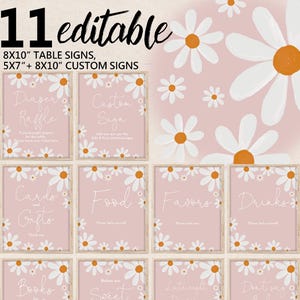 Daisy Baby Shower Table Sign Bundle Daisy Party Table Decor Editable Boho Pink Daisy Floral Baby shower Sign Set Spring Printable Bab332