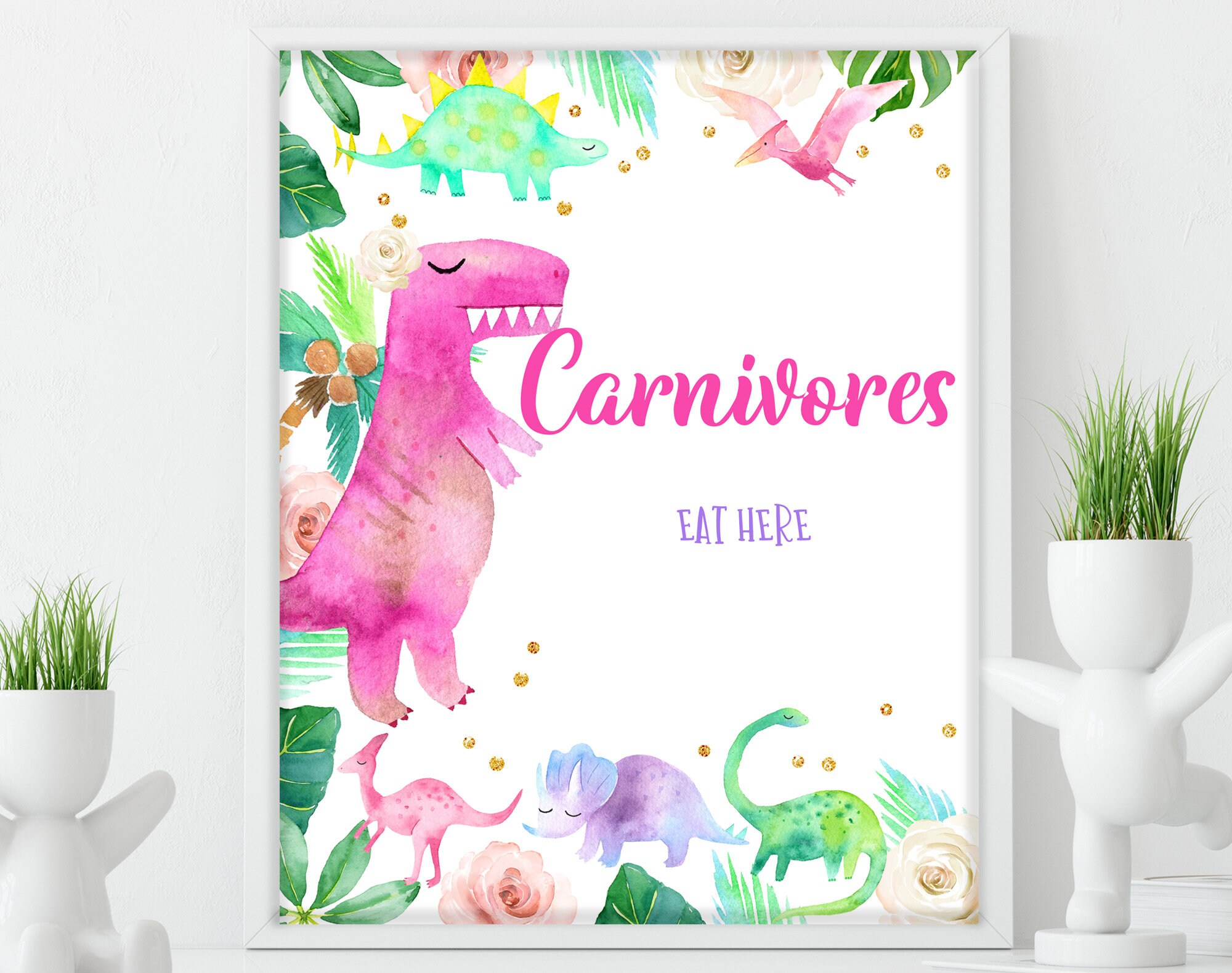 Dinosaur Carnivores Birthday Sign Food Table Sign Girl Dino Party Decor Pink Green Gold Tropical Jungle Download Printable Bir248