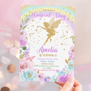 Invito di compleanno per fata, invito per festa delle fate, arcobaleno floreale, oro glitterato, bambina, primo giorno magico, modificabile, stampabile, scaricabile Bir274