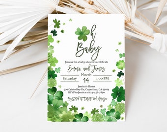 May include: A green shamrock baby shower invitation with the text "Oh Baby" and "Emma and James". The invitation includes the date, time, and location of the shower. It also includes the RSVP information.