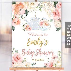 Tea Party Baby Shower Welcome Sign Bridal Shower Floral High Tea Party Poster Blush pink floral Sign Décor Editable Download Bab33