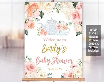 Theekransje babyshower welkomstbord - blush bloemen bewerkbaar downloaden Bab33