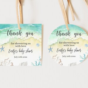 Pegatinas para recuerdos de baby shower: Etiquetas veraniegas estilo boho oceánico (redondas y cuadradas Bab213)