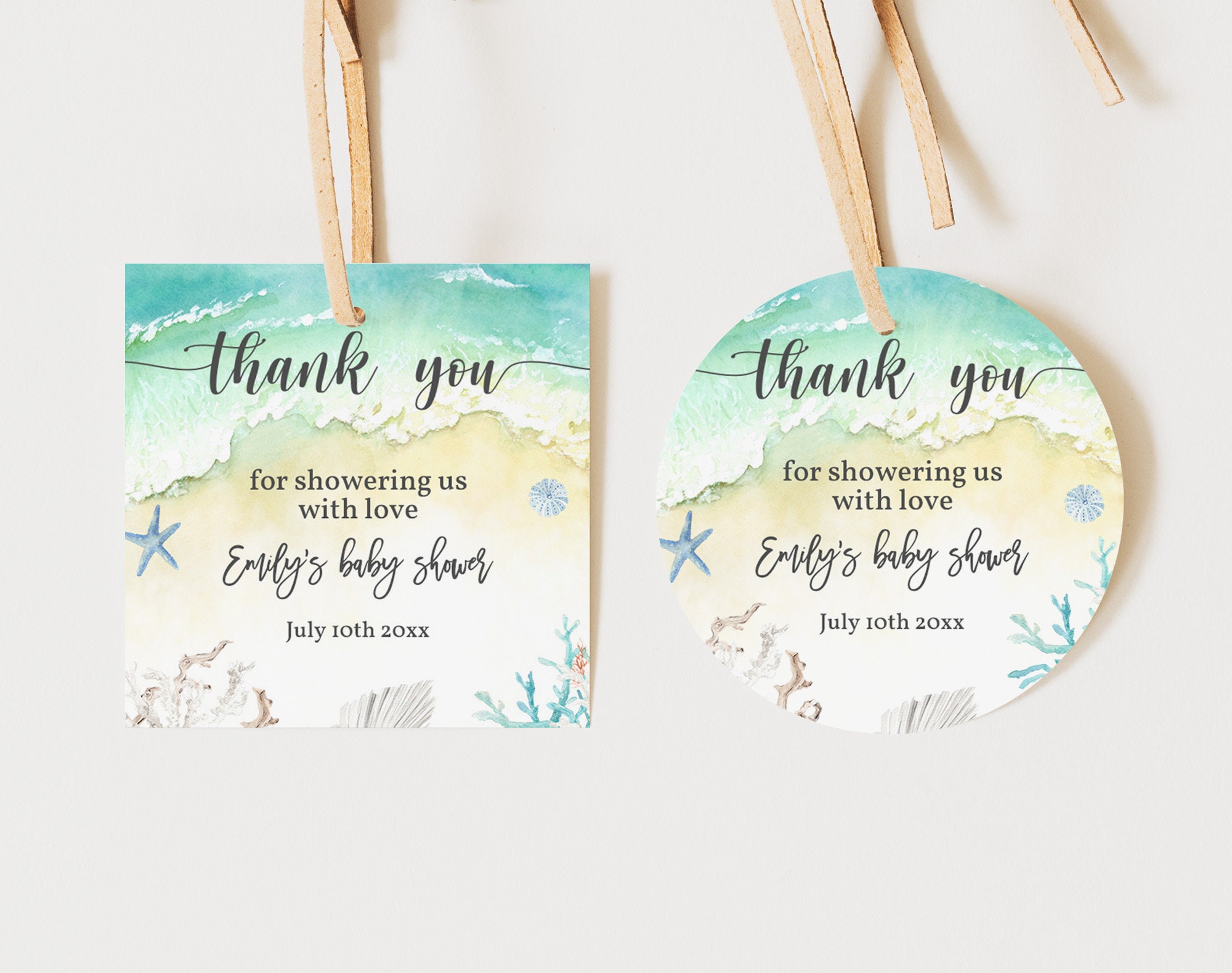 Beach baby shower Favor Tag Round Square Sticker Label Ocean Nautical Sea thank you tag Boho Summer Editable Printable Download Bab213