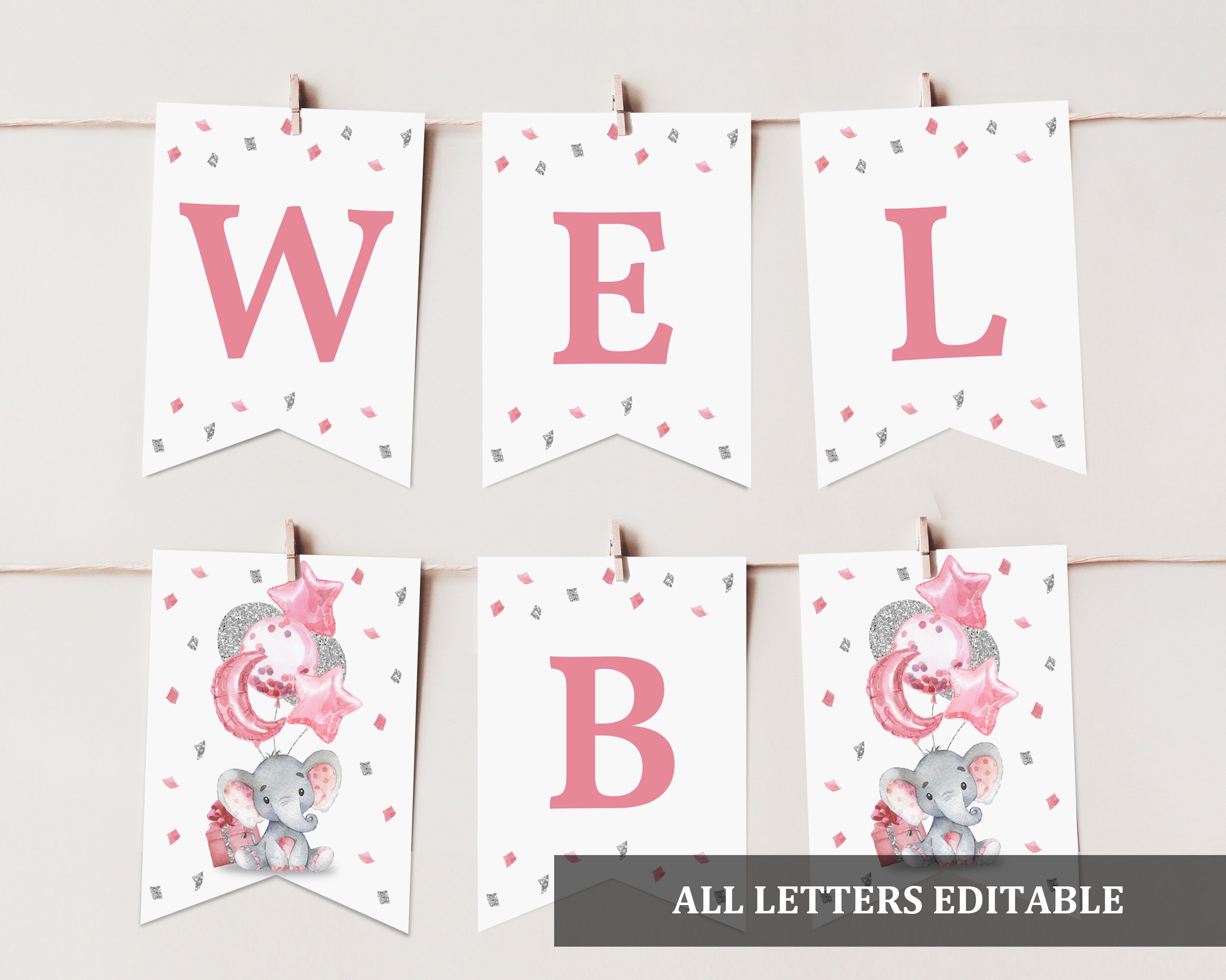 Elephant baby shower banner Little peanut baby shower Girl Pink elephant party decorations Editable Garland silver balloons