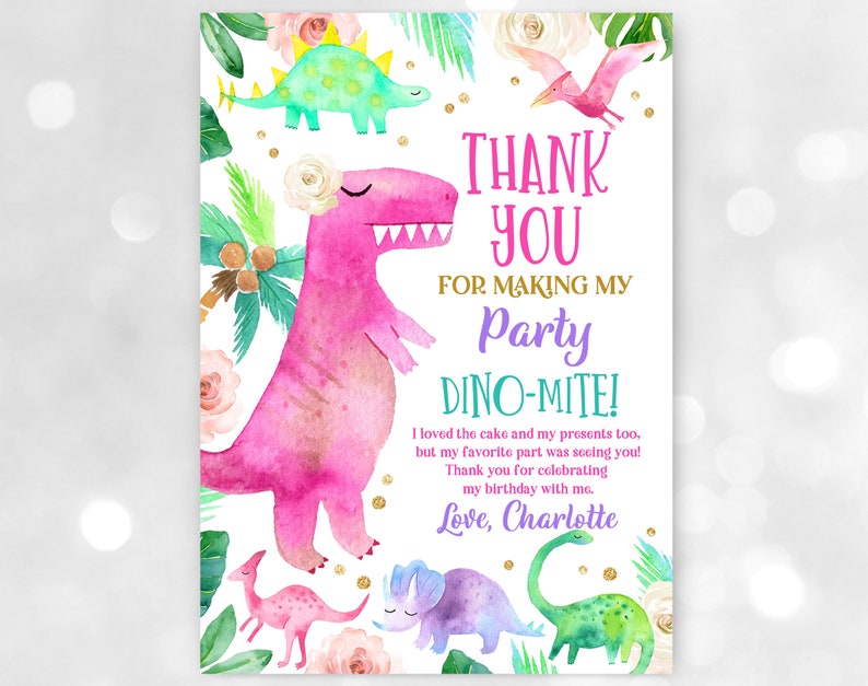 Dinosaur Birthday Thank You Cards Girl Dino Party Thank You Etsy