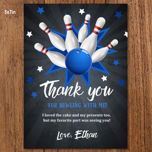 Cartão de agradecimento para festa de aniversário de BOWLING para meninos, para impressão. Vamos nos divertir. Baixar cartão de festa de boliche editável Bir123