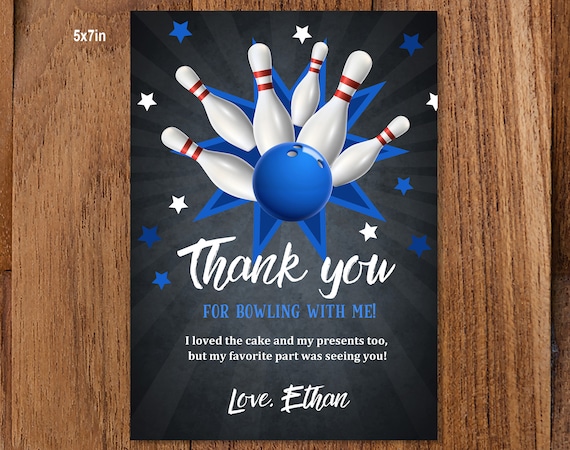 Bowling Birthday Thank You Card, Editable Printable (Bir123)