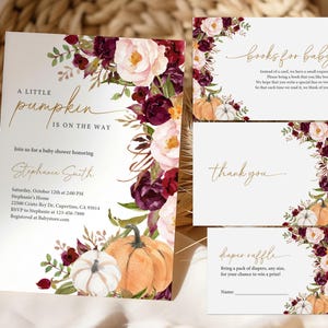 Editable Burgundy Fall Pumpkin Baby Shower Invitation Set A Little Pumpkin On the Way Baby Shower Invite Package Marsala Printable Bab297