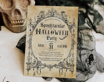 May include: A vintage-style Halloween party invitation with ornate black and white illustrations. The text reads "Spooktacular Halloween Party" with the date October 31st and the time 6:00 PM. The invitation is on aged paper with a decorative border.