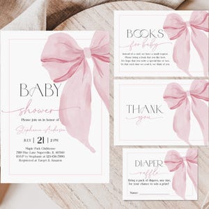 Pink Bow Baby Shower Einladung Set Printable Mädchen Pink Coquette Baby Shower Invite Set Bearbeitbar Soft Pink Ribbon Baby Sprinkle Bab335