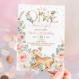 One-deer-ful Birthday Invitation Blush Floral Woodland Deer 1st Birthday Invite Pink Gold Forest Animals Party Editable Printable Bir39