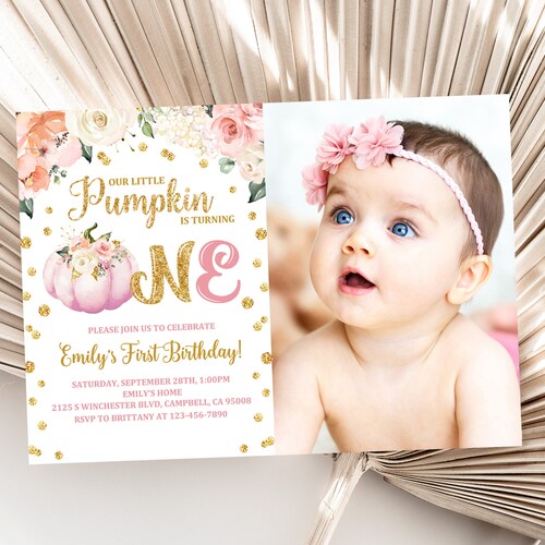 EDITABLE Pumpkin 1st Birthday Invitation Floral Pink and Gold - Etsy