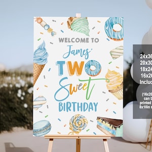 Two Sweet Birthday Welcome Sign 2nd Birthday Welcome Poster Dessert sign Boy Ice cream Candy Donut Editable Printable Download Bir371