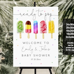 Eis am Stiel-Baby-Dusche-Willkommens-Schild Eis-Willkommens-Poster-Sommer-buntes Eis-Pop-Poster bereit zu knallen bearbeitete druckbare Download Bab193