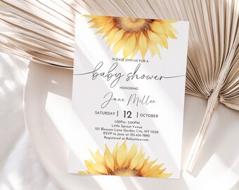 Sunflower Baby Shower Invitation: Boho Yellow Floral, Gender Neutral Bab289