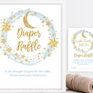 Twinkle Twinkle Little Star luier loterij teken en ticket Luier loterij teken kaart Twinkle star blauw goud babyshower bewerkbare download Bab15