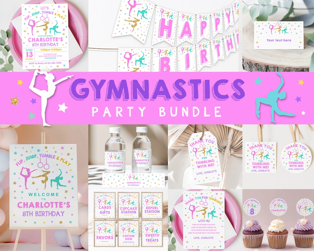 EDITABLE Gymnastics Birthday Bundle Gymnastic Party Printable Tumbling ...