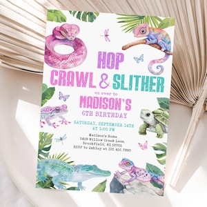 May include: A birthday party invitation with a watercolor design featuring a pink snake, chameleon, frog, turtle, and alligator. The invitation reads "Hop, Crawl & Slither" and includes party details.