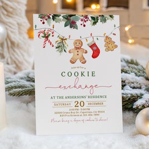 May include: A Christmas-themed invitation with watercolor illustrations of holiday cookies, candy canes, and holly. The invitation text reads "Cookie Exchange" and includes event details like date, time, and location.