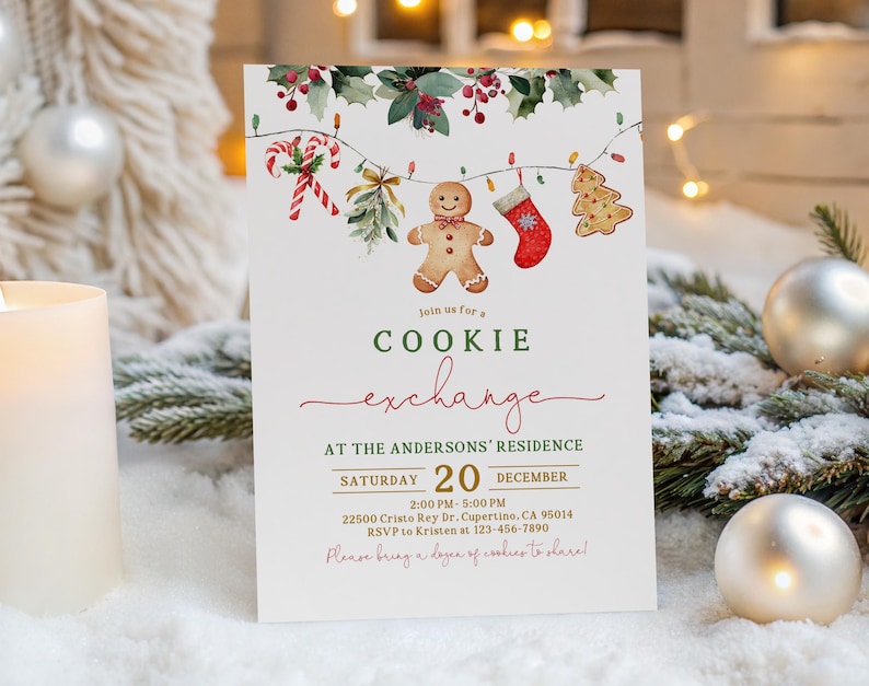 May include: A Christmas-themed invitation with watercolor illustrations of holiday cookies, candy canes, and holly. The invitation text reads "Cookie Exchange" and includes event details like date, time, and location.