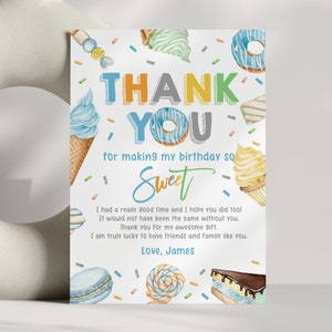 Editable Boy Sweet party Dankeschön Karte Blau Dessert Dankeschön Eis Donut Cupcake Candy Printable Download Bir368 Bir371