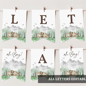 Let the Adventure Begin baby shower banner Woodland animals banner Forest Mountain decor Garland Digital Editable Printable Download Bab194
