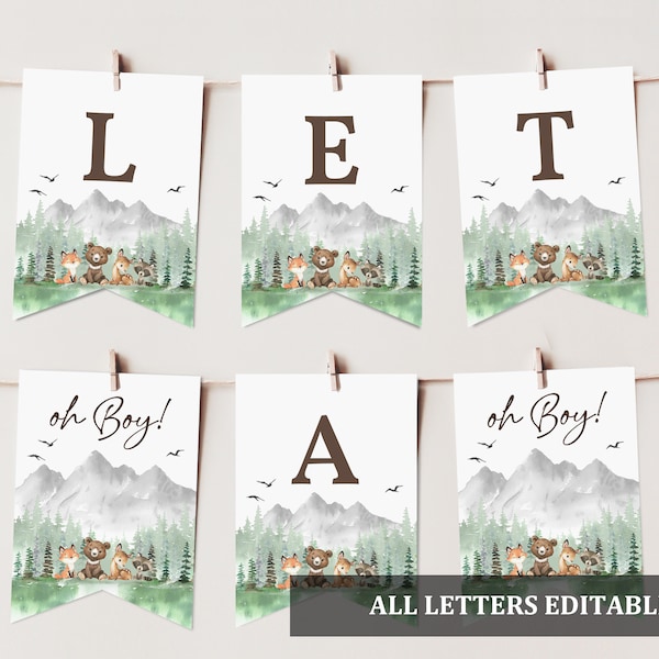 Let the Adventure Begin baby shower banner Woodland animals banner Forest Mountain decor Garland Digital Editable Printable Download Bab194