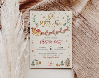 May include: A Christmas party invitation with a whimsical illustration of Santa Claus in a sleigh pulled by reindeer. The invitation features gold stars, green holly, and the text "Oh, What Fun!"  Please join us for a Christmas party on Saturday, December 13th at 6:00 PM.  Kristen's Home, 22500 Cristo Rey Dr, Cupertino, CA 95014. RSVP to Kristen at 123-456-7890. Please bring a plate to share.