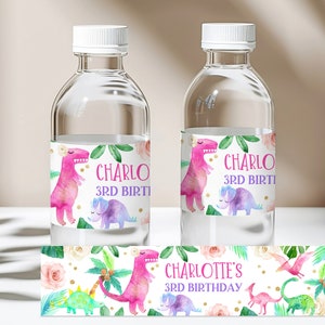 Étiquette de bouteille d'eau dinosaure fille emballage de fête d'anniversaire dinosaure rose dinosaure rose cotillons autocollant modifiable imprimable téléchargement déco Bir248