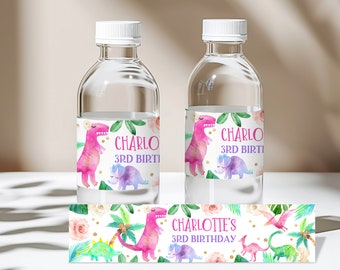 Può includere: Etichette per bottiglie d'acqua a tema dinosauri. Le etichette presentano dinosauri rosa, viola, verdi e dorati su uno sfondo bianco. Il testo sulle etichette recita "Charlotte's 3rd Birthday".