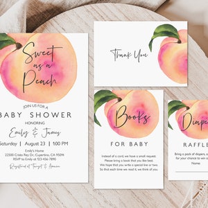 Sweet as a Peach Baby Shower Invitation set Georgia Peach Invites Pack Peach Greenery Bundle Baby Girl Editable Printable Download Bab186