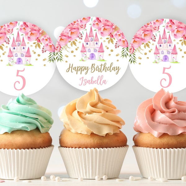 Princess Birthday Cupcake Toppers  Pink and Gold Editable Download   Castle Tags, Labels  Prin1