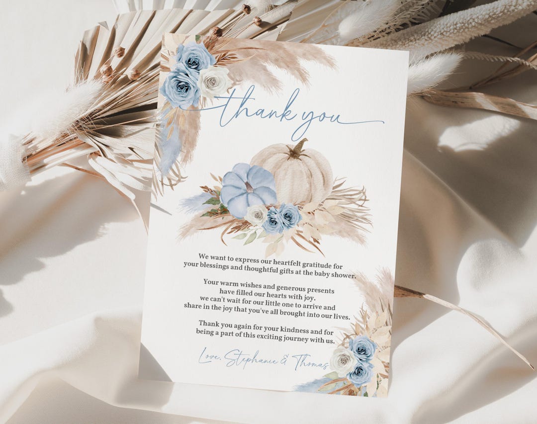 Baby Shower Thank You Card: Blue Pumpkin Boho Fall - Editable Template ...