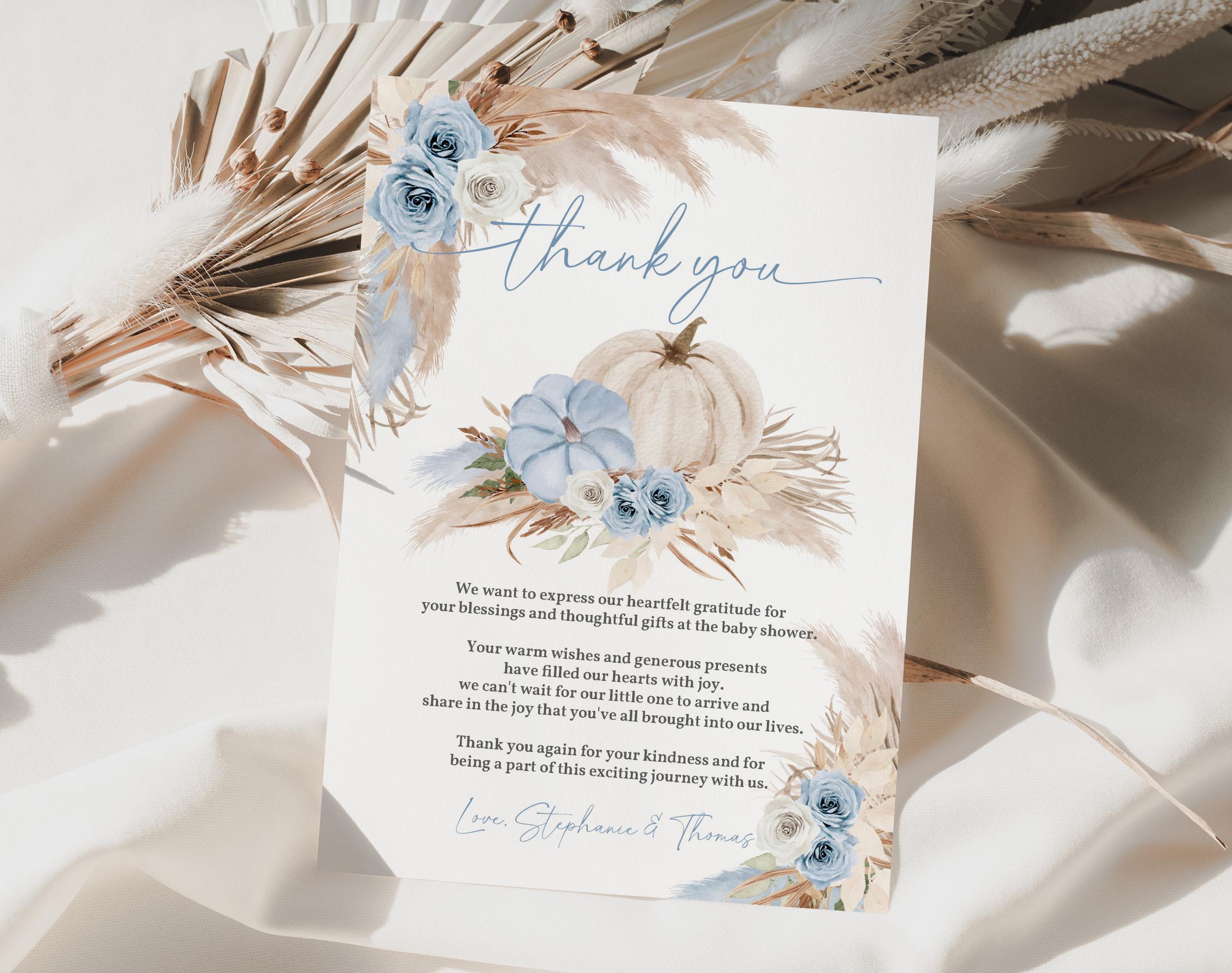 Baby Shower Thank You Card: Blue Pumpkin Boho Fall - Editable Template ...