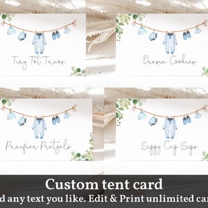 Jongen babykleding eten tentkaart voedseletiket jongen babyshower plaatskaarten kleding boho blauw groen digitaal bewerkbare afdrukbare download Bab214