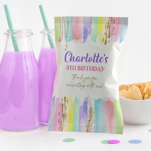 Editable Art Party Chip Bag Paint Birthday Party Favor Art & Craft Party Decor Pastel Rainbow Gold Thank you chip bag Printable Bir254