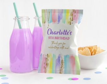 Editable Art Party Chip Bag Paint Birthday Party Favor Art & Craft Party Decor Pastel Rainbow Gold Thank you chip bag Printable Bir254