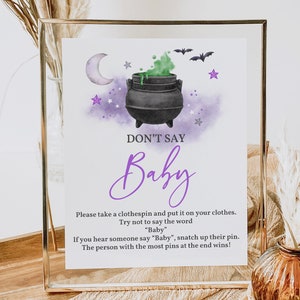 Halloween baby shower Baby is brewing Don&#39;t Say Baby Sign Don&#39;t Say Baby Game Purple orange Spooky Printable Editable Download Haba3
