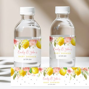 Étiquette de bouteille d'eau citron modifiable, limonade rose, emballage d'eau de douche de bébé, décorations florales d'agrumes roses, cadeau d'été imprimable Bab189