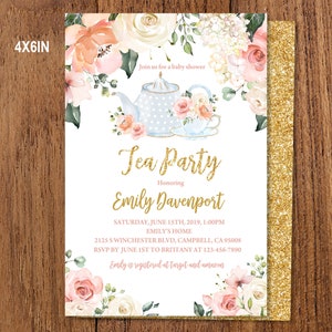 Tea Party Baby Shower Invitation Floral High Tea Invite Time for Tea Brunch Gold Pink Floral Editable Download Printable Bab33 image 2