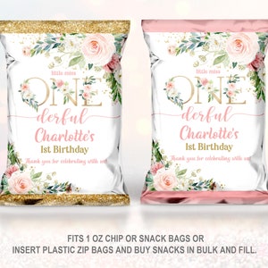 Blush rosa Blumen Chip Tasche Little Miss Onederful Geburtstag Chip Tasche 1st Girl Party Favor Snacks Treat Tasche Bearbeitbare Druckbare Download Bir303