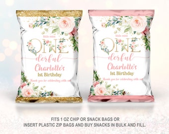 Blush Pink Floral Chip Bag Little Miss Onederful Birthday Chip Bag 1st Girl Party Favor Snacks Treat Bag Editable Printable Download Bir303